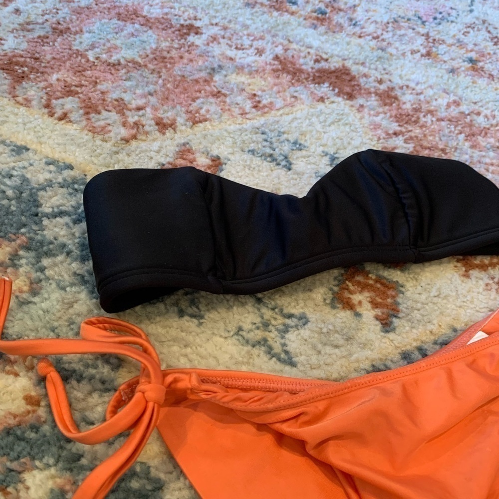 Agua De Coco Orange Tie Waist Cheeky Bikini Bottoms Black Strapless Top Small - Picture 4 of 6